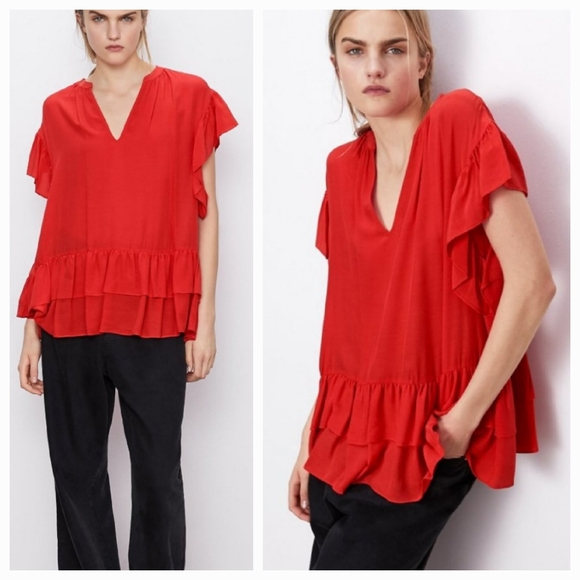 Zara Tops - Zara Red Blouse XS S M Short Sleeve Ruffled Oversized V-Neck Women's Top